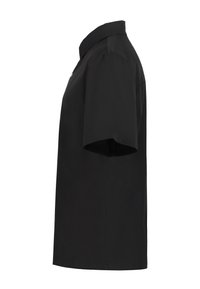 Schwarzes Kurzarmhemd mit Kragen, aus glattem Material gefertigt. Verfügt über ein gerades Schnitt und ein einfaches Design, ohne zusätzliche Muster oder Akzente.