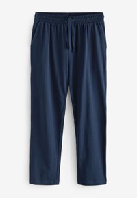 Marineblaue elastische Hosen mit verstellbarem Kordelzug und Seitentaschen, gerader Beinverlauf, geeignet für Freizeit- oder Loungewear.