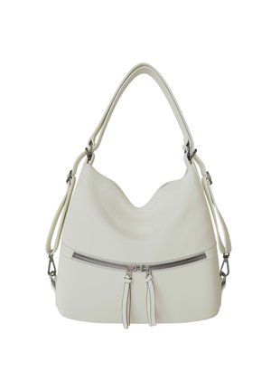 Off-white leather hobo bag with top handle, detachable shoulder strap, and horizontal front zip pocket with dual pull tabs.