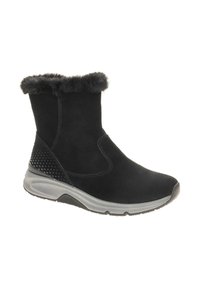 Zwarte enkelboots met een zachte nepbonten rand, gemaakt van suede materiaal. Beschikt over een gestructureerde zwarte paneel en een stevige grijze zool voor grip.