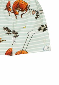 Kangaslakki, jossa on vaaleanvihreitä ja valkoisia raitoja, esittäen värikkäitä maatilan eläinkuvastoja, pilviä ja kuivumassa olevia vaatteita.