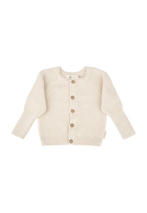Cremfarbener gestrickter Baby-Cardigan mit langen Ärmeln und Holzknöpfen auf der Vorderseite, Größe 56.