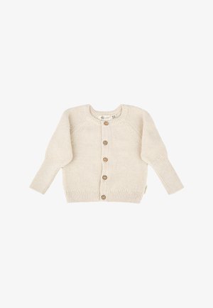 Cremfarbener gestrickter Baby-Cardigan mit langen Ärmeln und Holzknöpfen auf der Vorderseite, Größe 56.