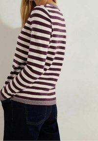 Gestreifter Pullover in tiefem Lila und Beige, mit langen Ärmeln und rundem Ausschnitt. Strukturierter Strickstoff mit geripptem Saum.
