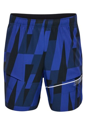 Blauwe zwembroek met een geometrisch patroon in verschillende tinten, een zwarte tailleband, zijzakken en een witte accentstreep.