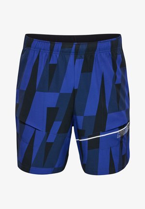 Blauwe zwembroek met een geometrisch patroon in verschillende tinten, een zwarte tailleband, zijzakken en een witte accentstreep.