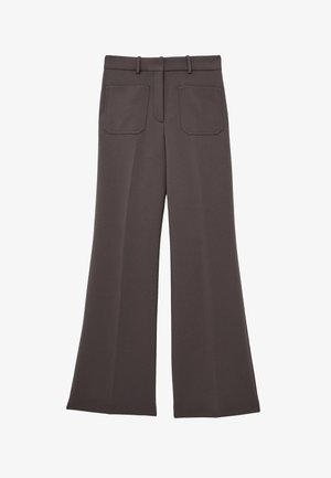 Wijde broek in donkergrijze stof met een gladde textuur, voorzien van twee achterzakken en een tailleband met riemlussen.