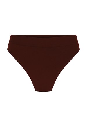 Donkerbruine naadloze bikini-slip met hoge taille en brede elastische tailleband, weergegeven op een witte achtergrond.