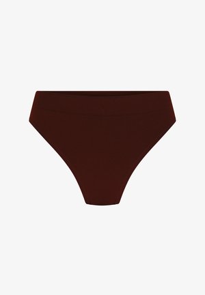 Donkerbruine naadloze bikini-slip met hoge taille en brede elastische tailleband, weergegeven op een witte achtergrond.