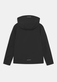 Black hooded jacket with a smooth, matte finish. Features a simple design, elastic cuffs, and branding at the back hem.