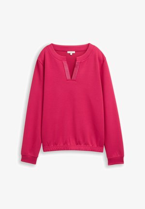 Lichtgewicht roze sweatshirt met een ronde halslijn. Heeft een inkeping en verticale stikdetails aan de voorkant. Mouwen en zoom zijn omgebogen.