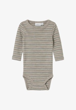 Garu piedurknu bērnu bodijs gaiši bēšā ribota auduma ar horizontālām tumši zaļām un zilām svītrām. Aprīkots ar spiedpogām apakšā.