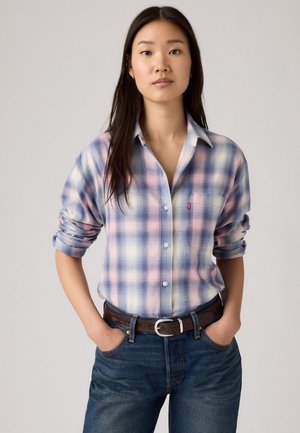 Lichtblauwe geruite overhemd met lange mouwen, met roze en witte accenten, met knopen aan de voorkant, opgerolde mouwen, gecombineerd met donkerblauwe jeans en een brownce riem.
