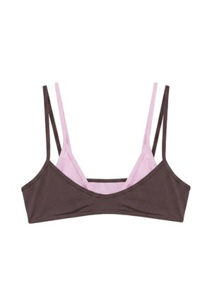 Deux brassières à fines bretelles superposées ; couche extérieure marron foncé et couche intérieure rose clair, présentées à plat sur fond blanc.