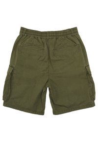 Pantalones cortos de cargo en verde oliva con cinturilla elástica, que cuentan con dos bolsillos traseros y dos bolsillos laterales tipo cargo, confeccionados en tejido texturizado.