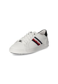 White leather sneaker with black accents, featuring red and navy stripes, round toe, flat white sole, and traditional lace-up design.