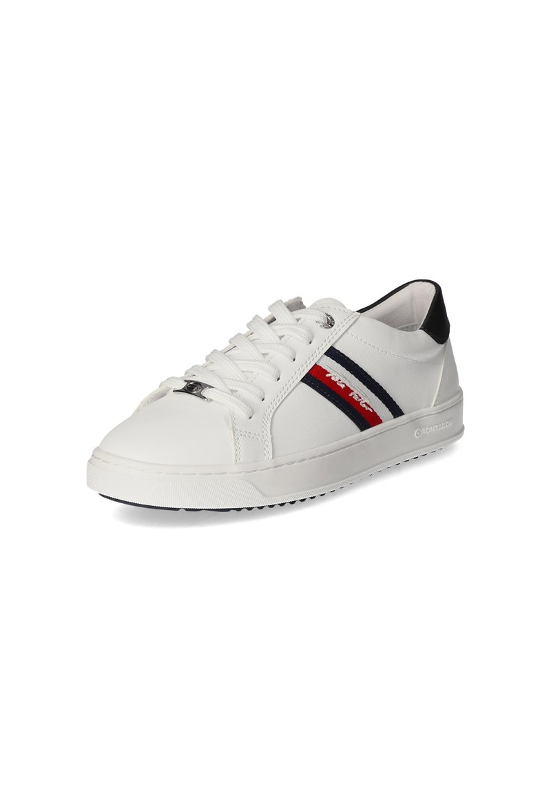 White leather sneaker with black accents, featuring red and navy stripes, round toe, flat white sole, and traditional lace-up design.