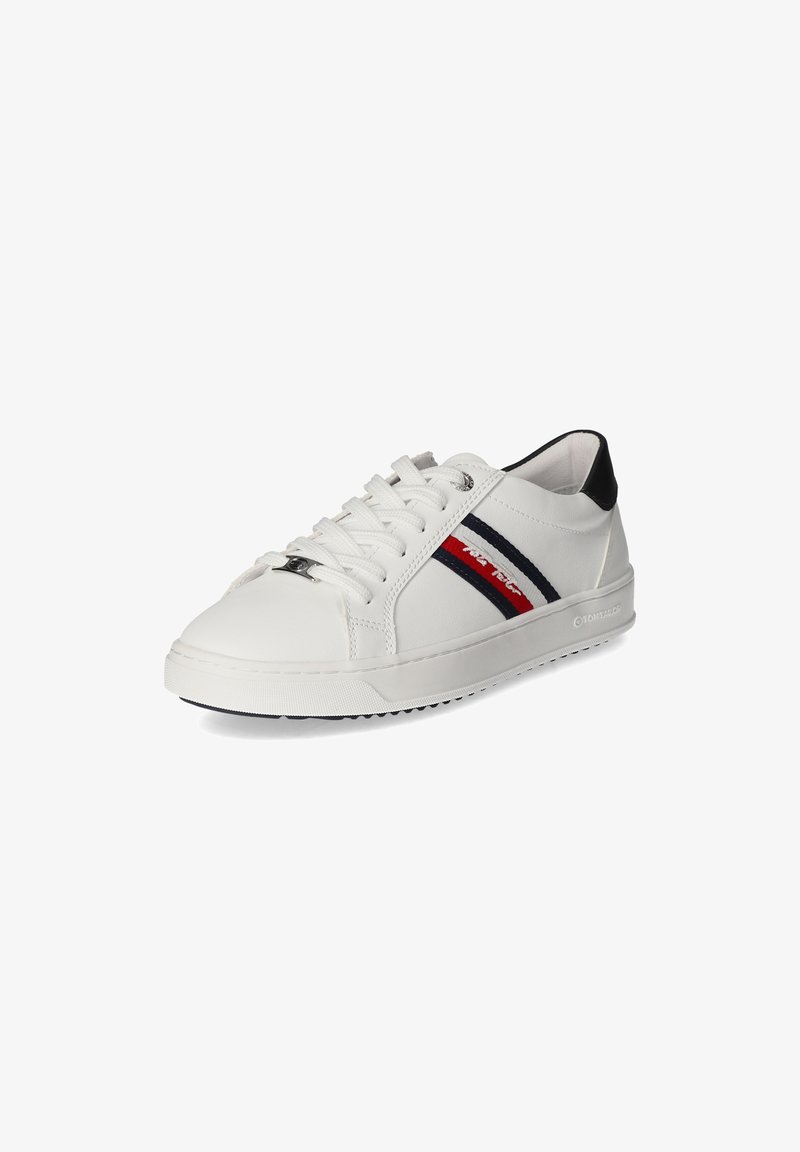 White leather sneaker with black accents, featuring red and navy stripes, round toe, flat white sole, and traditional lace-up design.