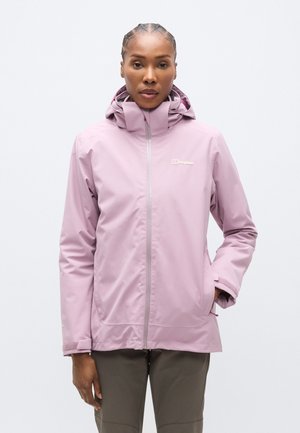 Lyserød vandtæt jakke med hætte, lynlåslukning og justerbare manchetter. Har logo på venstre bryst og sidelommer.