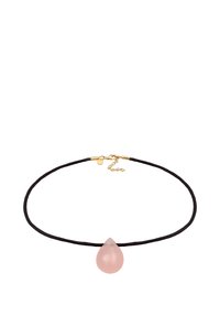 Black cord necklace featuring a translucent pink teardrop pendant, secured with a gold clasp and adjustable chain.