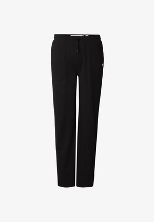 Pantalon de survêtement noir en tissu texturé, doté d'une taille ajustable avec cordon de serrage et d'un petit logo en accent.