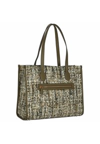 Bolsa tote con cuerpo de tela texturizada y multicolor en tonos marrón, crema y verde, con asas de cuero verde oliva y un bolsillo frontal con cremallera.