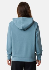 Lichtblauwe hoodie met een trekkoordkap, ribgebreide manchetten en zoom. Soepele textuur, casual pasvorm en raglanmouwen. Achteraanzicht weergegeven.