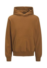 Brązowa bluza z kapturem z przednią kieszenią, sznurkiem do regulacji kaptura, ściągaczami na mankietach i miękką fakturą. Prosty wzór bez wzorów i zdobień.