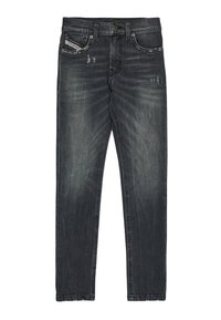 Tmavohnedé džínsy so slim fit strihom, s jemným poškodeniam, klasickým dizajnom s piatimi vreckami a zapínaním na gombíky.