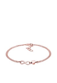 Rózsaarany karkötő végtelen jelkép és egy kis szívmedál díszítéssel, finom láncon, homárkapoccsal és állítható hosszúsággal.