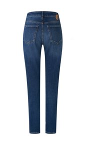 Džínové kalhoty s prostředně modrým omytem, úzkým střihem, zadními kapsami a ozdobným tlačítkem na pase. Hladká textura.