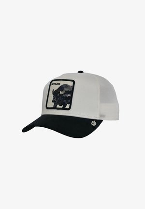 White and black trucker cap with mesh back and patch of a black buffalo labeled "Ruthless" on the front panel.