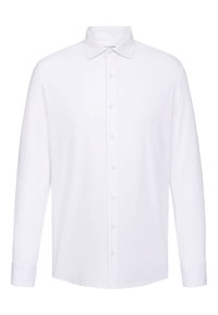 Chemise blanche à manches longues avec boutons. Fabriquée en tissu lisse, elle présente un col classique et une fermeture à boutons traditionnelle sur le devant.