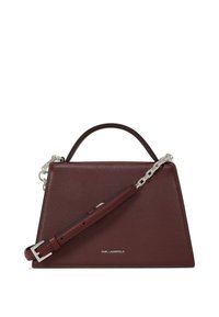 Burgundy leather handbag with a structured triangular shape, top handle, detachable strap with silver chain accents, and logo embossed at the front.