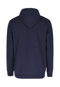 Navy blue hoodie made from cotton blend fabric, featuring a kangaroo pocket, ribbed cuffs, and a drawstring hood. Smooth texture.