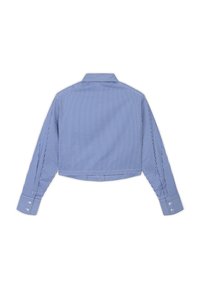 Camicetta tagliata a strisce blu e bianche con collo, maniche lunghe, polsini con bottoni e orlo piatto sul retro. Tessuto con texture.