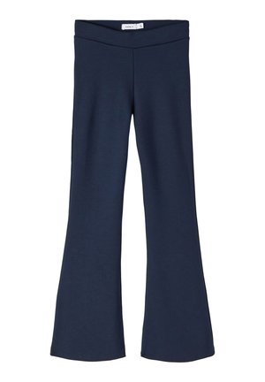 Marineblå bukser med brede ben, let udvidede forneden og en tætsiddende elastisk talje, vist fladt mod en hvid baggrund.