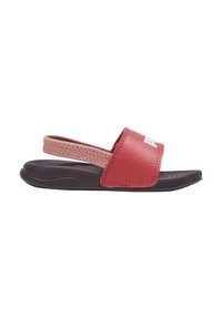 Rode en roze slide sandalen met een gestructureerde band en een zwarte zool. Heeft een gevlochten ontwerp en een opvallend logo op het bovenste gedeelte.