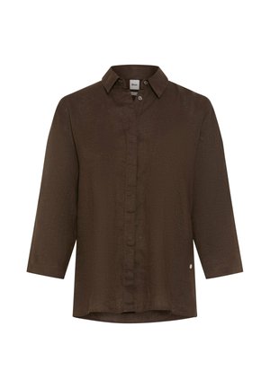 Donkerbruin overhemd met lange mouwen, knopen en een kraag, verborgen knopen aan de voorkant en een licht gebogen zoom.