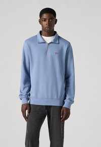 Hellblaues Sweatshirt mit halbem Reißverschlusskragen, gerippten Bündchen und Saum. Kleines rotes Logo auf der linken Brust. Weicher Stoff.
