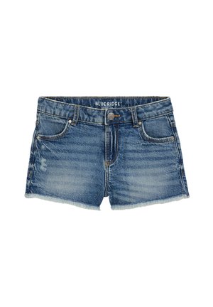 Modré rifľové šortky s opranými, roztŕhanými lemy, predným zapínaním na gombíky a zips, opaskovými slučkami a vyblednutými detailmi na stehnách a vreckách.