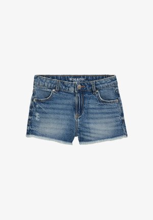 Modri kavbojki kratke hlače z raztrganimi robovi, sprednjim gumbom in zadrgo, zankami za pas ter bledenjem na stegnih in žepih.