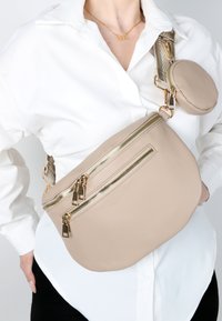 Borsa a spalla in ecopelle beige con due scomparti con zip, hardware dorato e una pochette circolare staccabile attaccata alla tracolla.