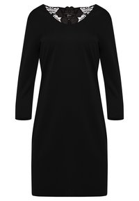 Svart klänning med V-ringning och spetsdetaljer, långa ärmar och rak passform, tillverkad av mjuk och komfortabelt tyg.