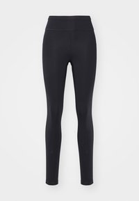 Leggings noirs en tissu extensible, avec une taille haute, une texture lisse et un design ajusté, sans motifs visibles.