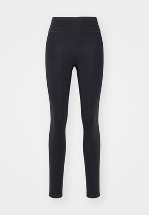 Sorte leggings lavet af strækbart materiale, med høj talje, en glat tekstur og et slankt, tæt design uden synlige mønstre.