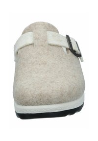 Light beige felt clog with a textured surface, adjustable white strap, and silver-toned buckle. Chunky black rubber sole for traction.