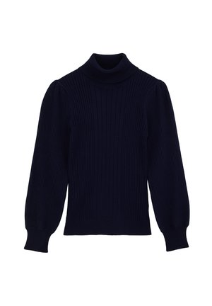 Pull en maille côtelée bleu marine avec col roulé, manches longues et bouffantes, et poignets ajustés. Tissu texturé avec des lignes verticales pour plus de dimension.