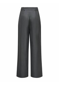 Pantalon large gris foncé avec taille haute élastique et passants pour ceinture, coupe ajustée, devant uni et longueur complète.