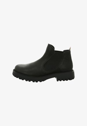 Schwarze Leder-Stiefeletten mit elastischen seitlichen Einsätzen, runder Zehenform und dicker Gummisohle mit profiliertem Design für bessere Trittfestigkeit.